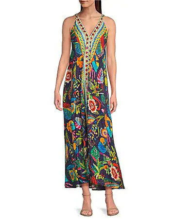 JOHNNY WAS Eva Floral Scarf Print Double V-Neck Sleeveless A-line Maxi Dress - L | Dillard's