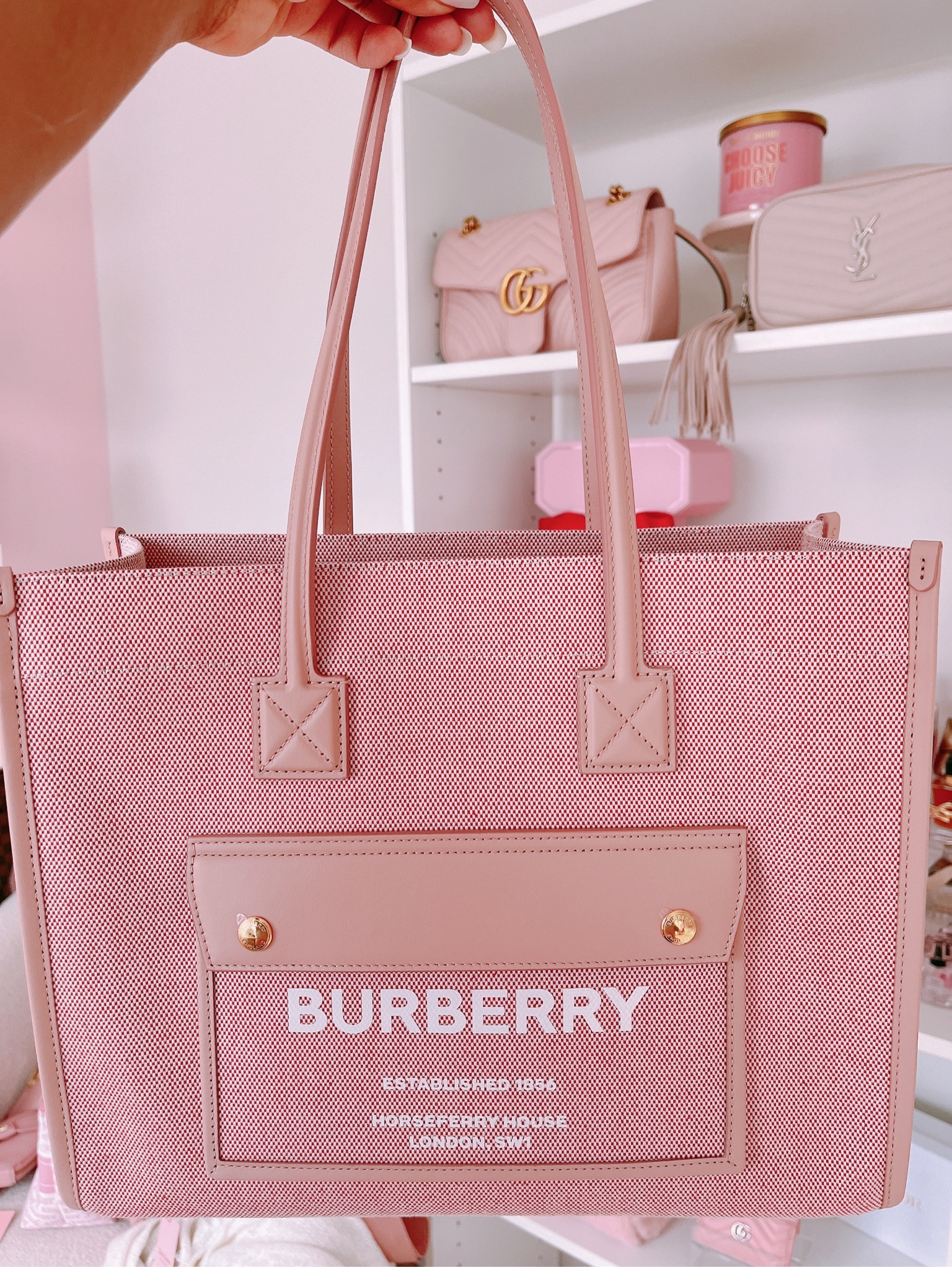 Burberry Freya Mini Monogram Leather Tote Women's Pink