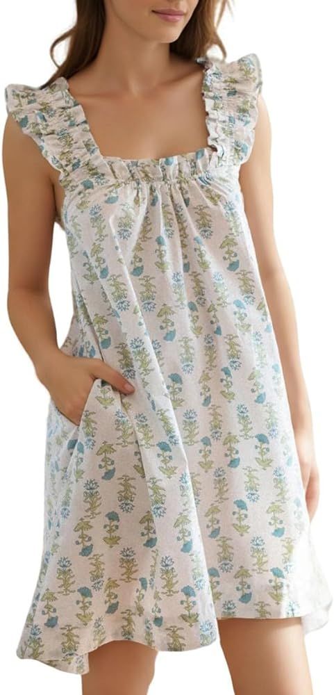 Xfileen Womens Ruffle Sleeveless Nightgowns Soft Cute Printed Sleep Dress Comfy Lightweight Sleep... | Amazon (US)