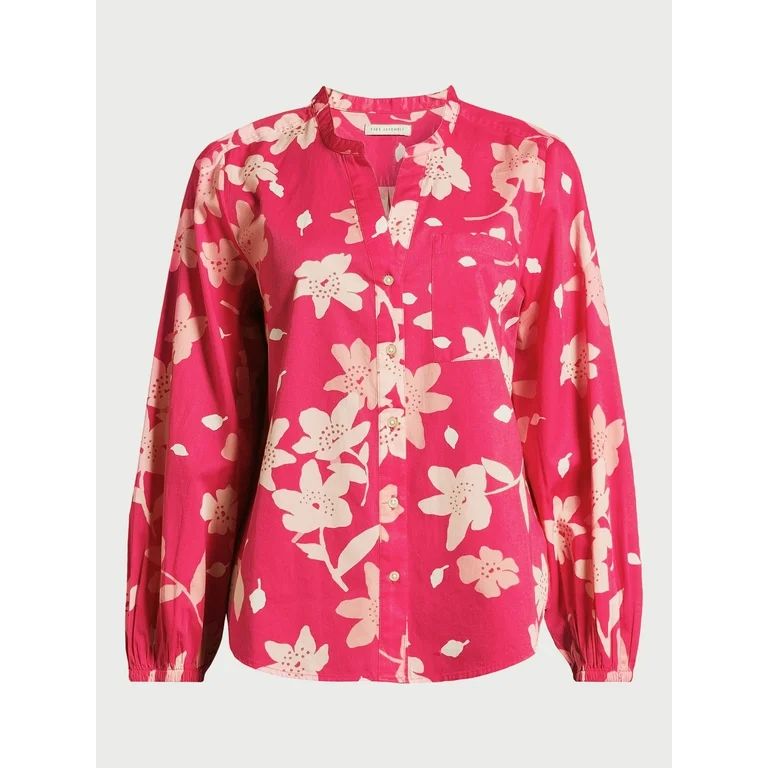 Free Assembly Women’s Floral Split Neck Button Front Shirt with Long Sleeves, Sizes XS-XXL | Walmart (US)