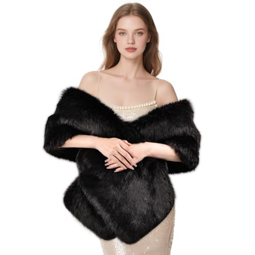 FeelfunFeather Women's Faux Fur Shawl, Long Winter Warm Scarf Shawl for Bridal Wedding Party Festive Celebrations Christmas(1.8m)-Black | Amazon (US)