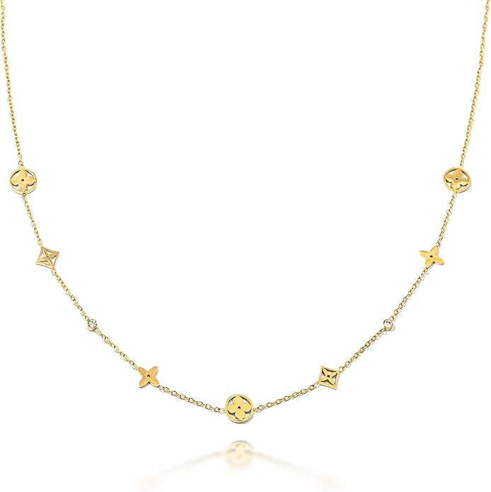 Four Leaf Clover Necklace for Women-18K Gold Plated CZ Cubic Zirconia Chocker Necklace, Dainty Li... | Amazon (US)