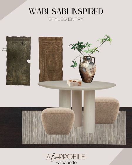Wabi Sabi Entry // textural decor, earthy decor, pedestal entry table, boucle poufs, neutral home decor, textural wall art, antique pot, marble tray, marble catchall tray, striped area rug, neutral rug, neutral entry table, minimal home decor, wabi sabi style, wabi sabi decor, entry decor, entry table, entry table styling

#LTKhome