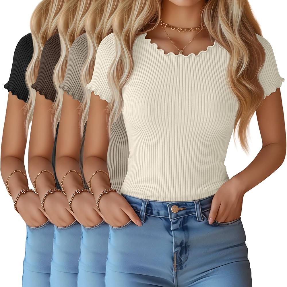 4 Pack Women's Short Sleeve Cotton Shirts Ribbed Lettuce Trim Tops Slim Fit Crew Neck Casual Summ... | Amazon (US)