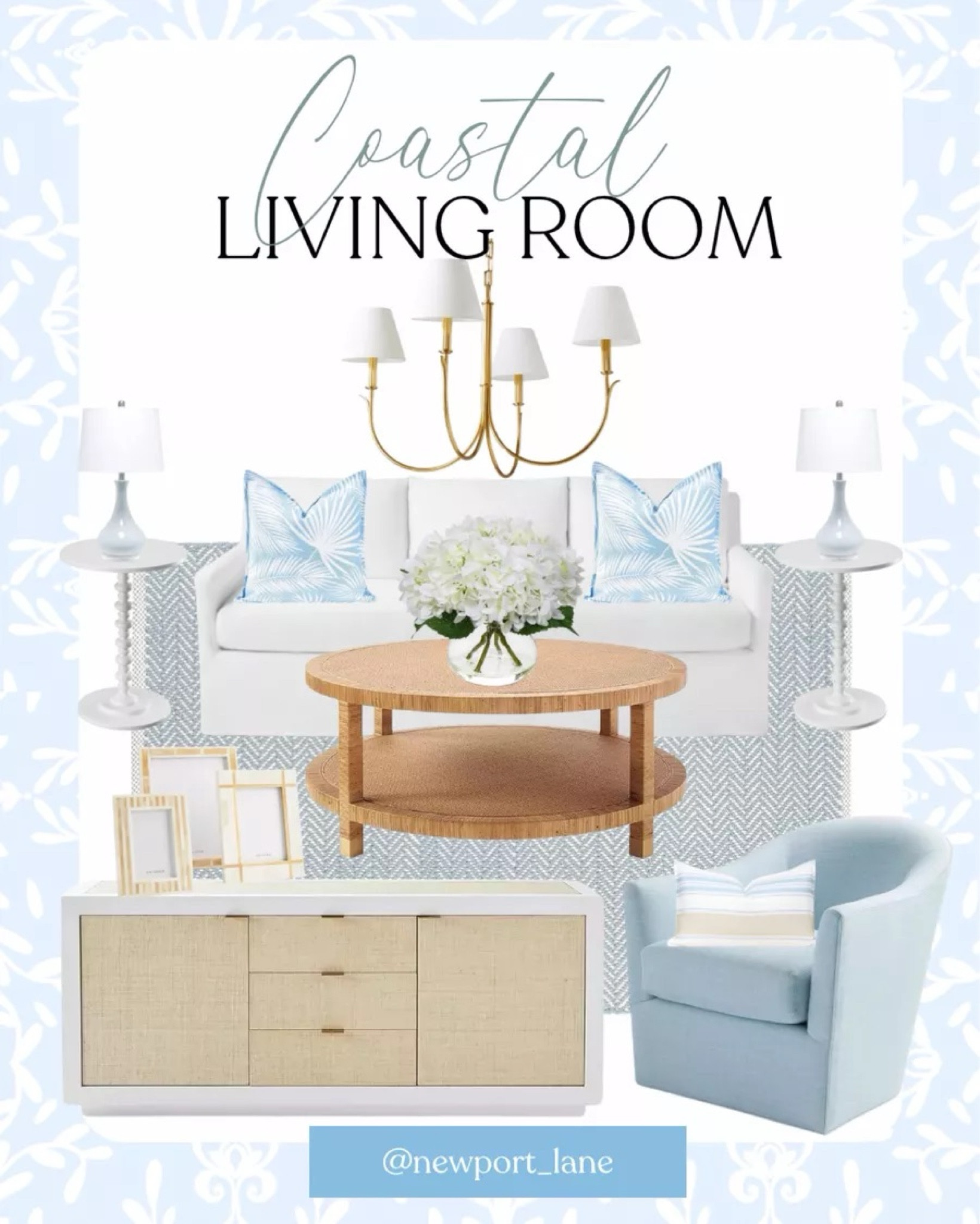 Coastal living room inspiration including this sideboard, picture frames, table lamps, chandelier, accent chairs, coffee table, area rug, white sofa, throw pillows, and area rug. 
8/3

#LTKHome #LTKStyleTip #LTKSeasonal