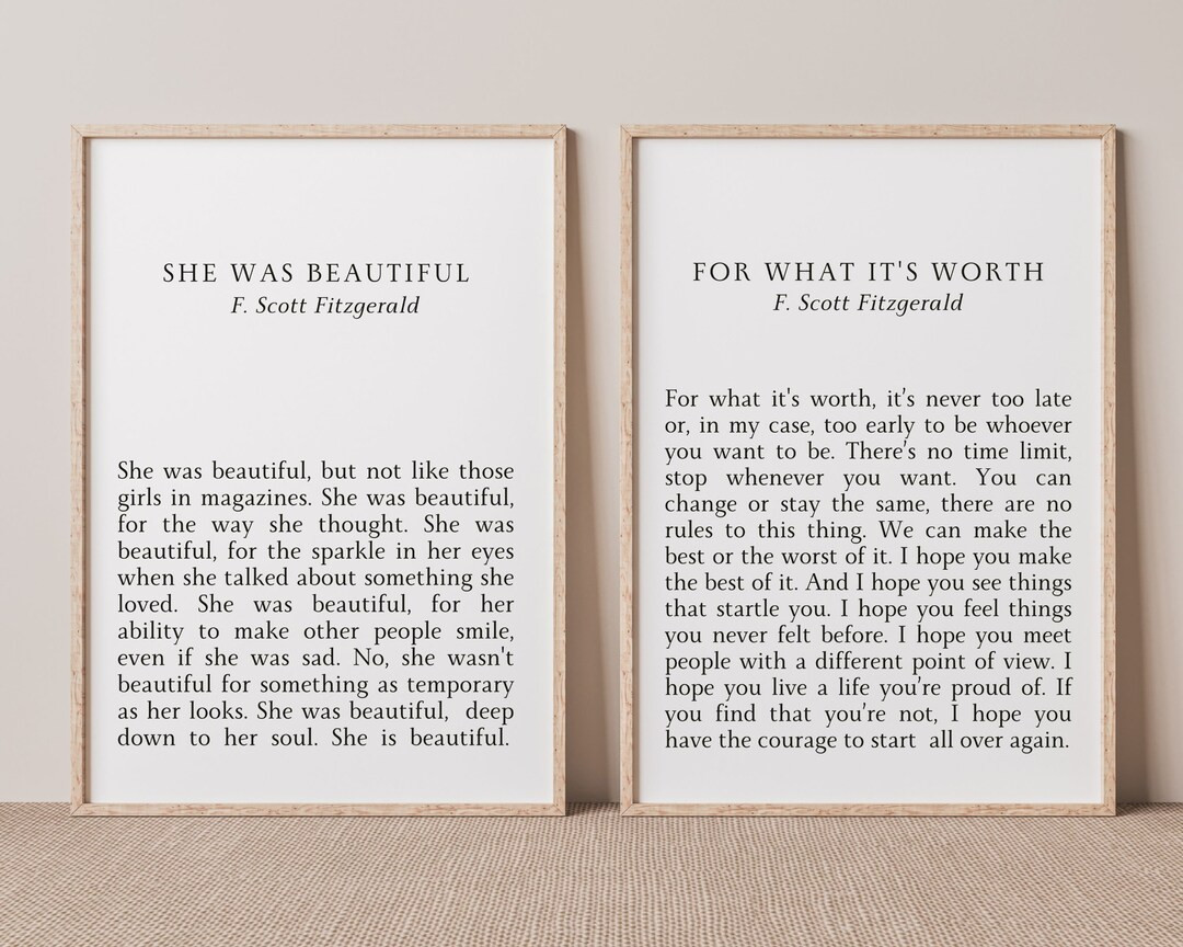 F Scott Fitzgerald Quote Set of 2 Prints for What It's Worth She Was Beautiful Literary Quote Wal... | Etsy (US)