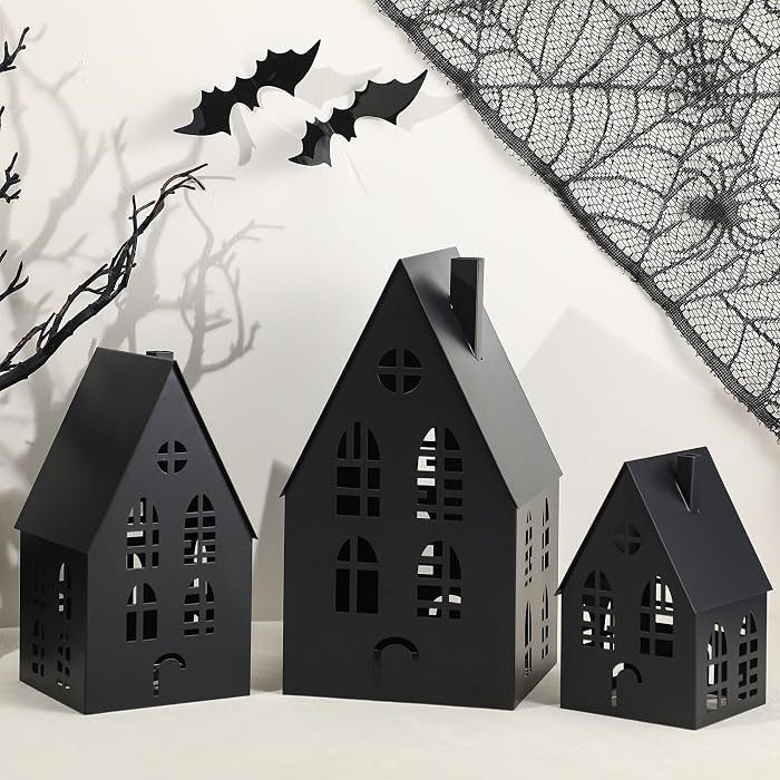 Beeveer Halloween Village Black Metal Houses Tabletop Decor Set of 3 Metal Pre-lit Halloween Haunted House Decor Sculpture Town Candle Lanterns for Parties & Events | Amazon (US)