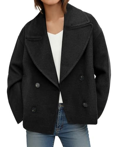 Tankaneo Womens Cropped Wool Blend Pea Coat Casual Long Sleeve Double Breasted Notched Lapel Overcoat Jackets | Amazon (US)
