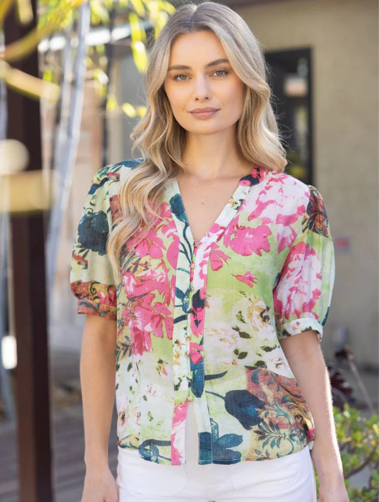 Button Down Short Puff Sleeve Floral Top | JAYNE