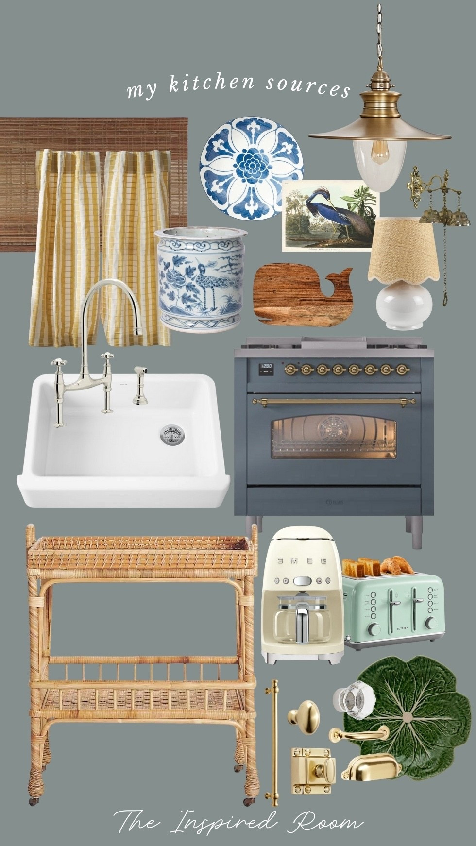 My kitchen sources - range, cafe curtains, range, rattan cart, lamp, brass bells, art, plates, sink, faucet, coffee machine, toaster, crock, hardware, bamboo shades, similar pendant light, wood whale board, salt and pepper grinder 

#LTKFindsUnder50 #LTKHome #LTKSaleAlert