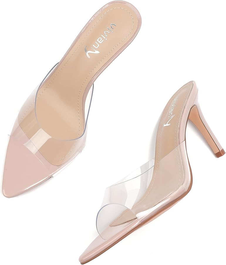 vivianly Clear Pointed Toe Heels Sandals Transparent Strap Stiletto High Heels Slip on Mules for ... | Amazon (US)