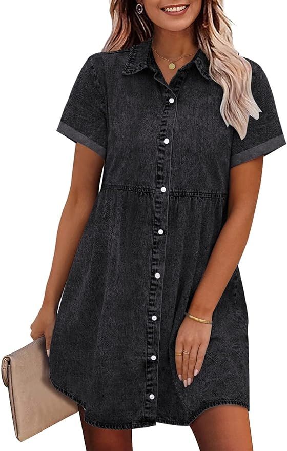 GRAPENT Denim Dress for Women Babydoll Tiered Short Sleeve Button Down Jean Shirt Dresses | Amazon (US)