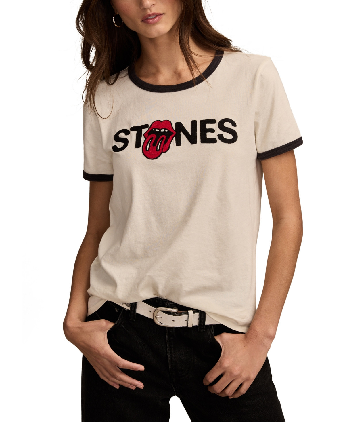 Lucky Brand Women's Rolling Stones Graphic Cotton Ringer T-Shirt - Canoli Cream | Macy's
