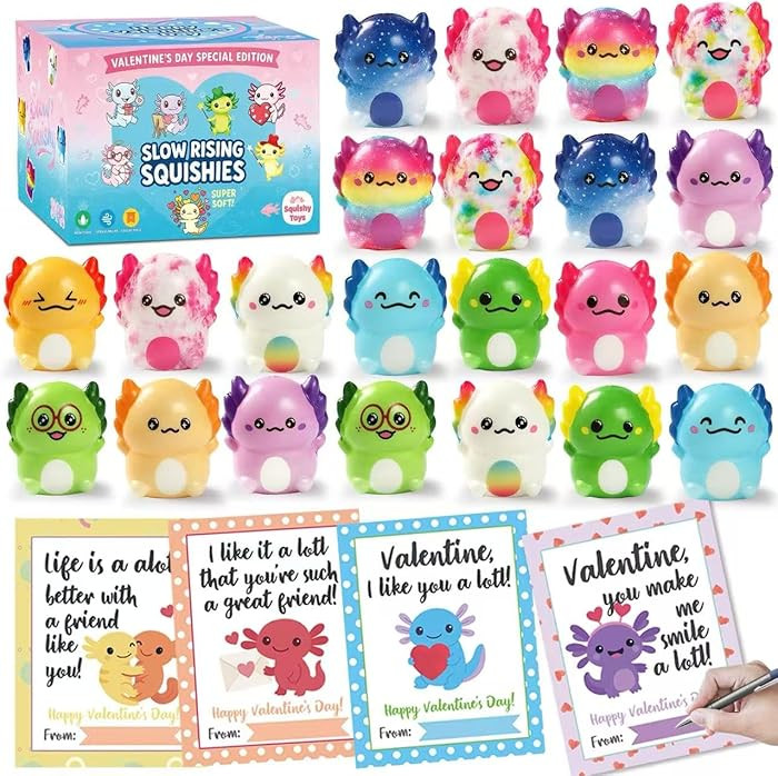 Valentines Day Gifts for Kids,Valentines Day Cards with 24pcs Axolotl Slow Squishy Toy,Stress Rel... | Amazon (US)