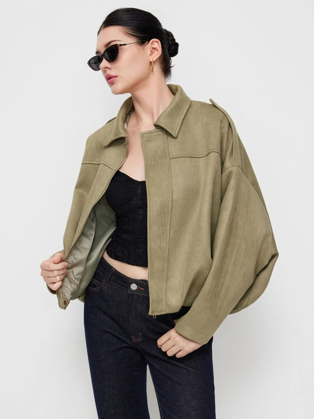 Suede Collar Long Sleeve Zip Through Oversized Jacket | Cider