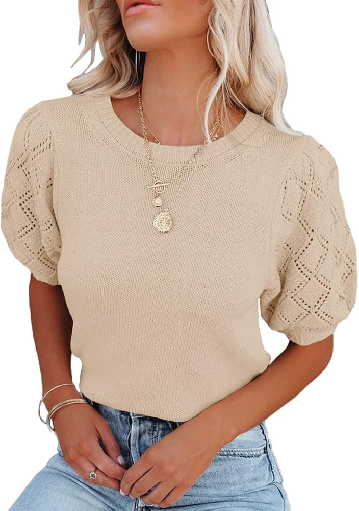 Womens Short Sleeve Sweaters Crewneck Knit Pullover Tops 2024 Summer Casual Lightweight Crochet B... | Amazon (US)