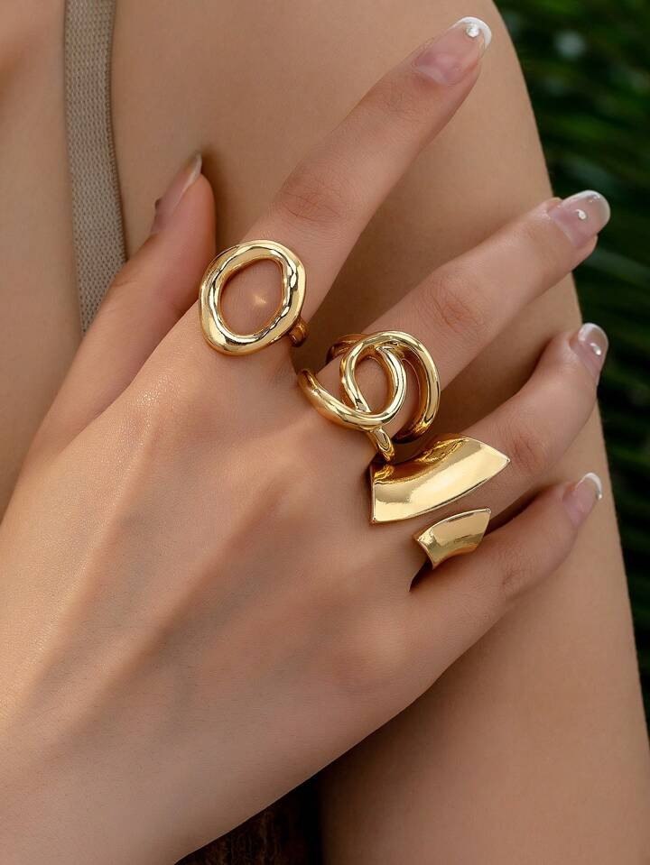 (3pcs/Set) Punk Style Exaggerated Glossy Round Opening Ring, Geometric Curved Surface Ring, And G... | SHEIN