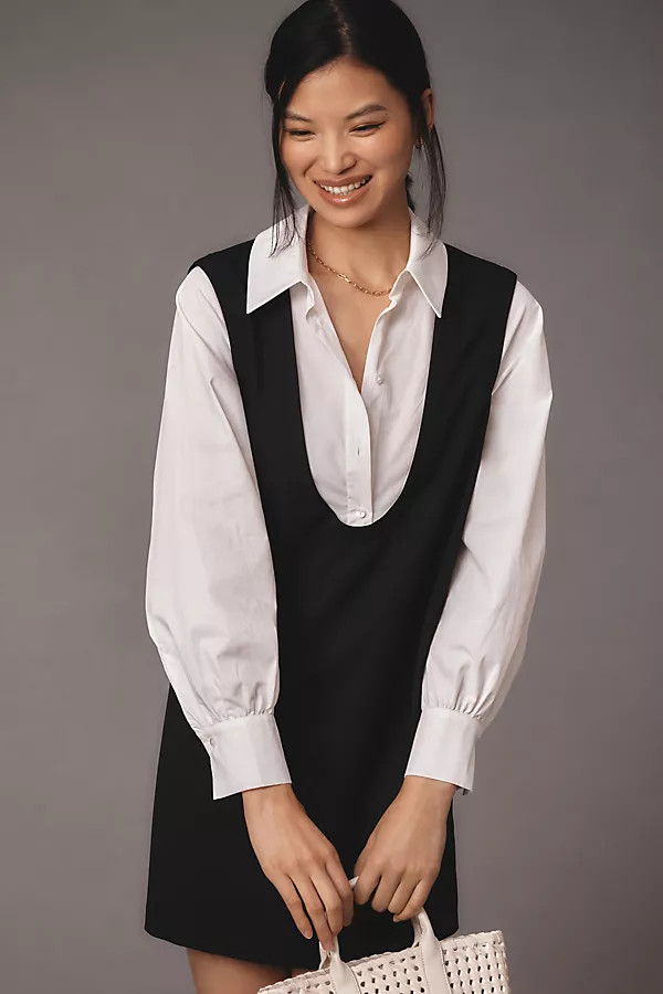 Long-Sleeve Twofer Pinafore Mini Dress | Anthropologie (US)