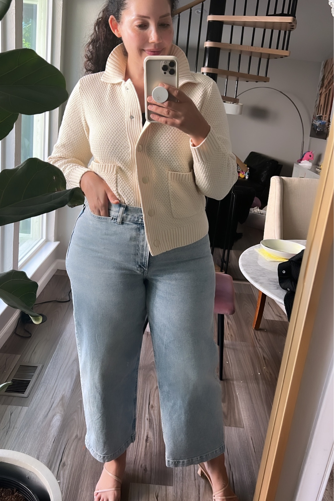 Sweater cardigan, wide leg crop jeans, strappy nude sandal heel.

Cardi runs big, size down one size (I’m wearing M), jeans run true to size (wearing size 16).

#falloutfit 

#LTKcurves #LTKmidsize #LTKFind