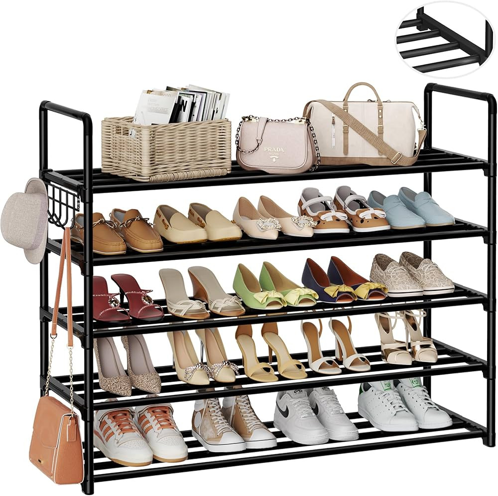 Metal Shoe Organizer,5 Tiers Shoe Storage Shoe Rack with Hooks,Fit 20-25 Pairs,Adjustable Shoe Sh... | Amazon (US)