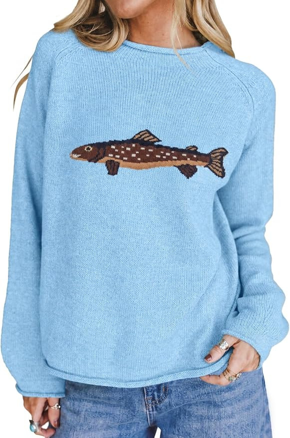 Tankaneo Womens Fish Graphic Oversized Sweaters Lightweight Knit Pullover | Amazon (US)