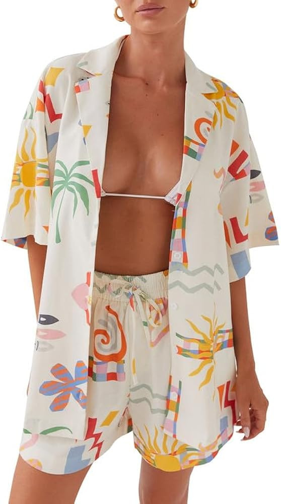 NUFIWI Y2K Women Vintage Graffiti 2 Pieces Shorts Sets Floral Fruit Print Short Sleeve Shirt and ... | Amazon (US)