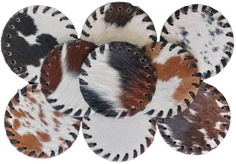 Cowhide Coaster Set of 4 pcs Natural Cowhide Drink Coasters Hair On Round Coasters Leather Tea Cu... | Amazon (US)