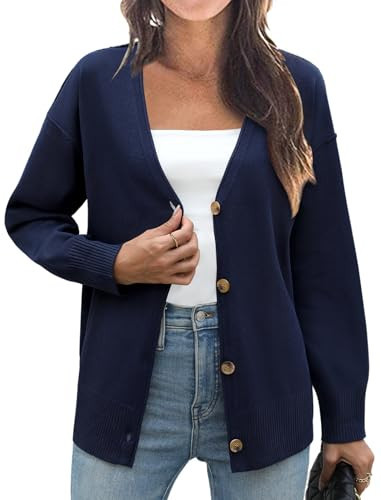 Zeagoo Women's Oversized Button Cardigan Sweaters 2025 Fall Open Front Lightweight Cardigans V Neck Loose Knit Outwear Navy Blue | Amazon (US)