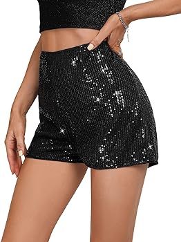 SweatyRocks Women's Sequins High Elastic Waist Straight Leg Shorts Solid Glitter Party Shorts | Amazon (US)