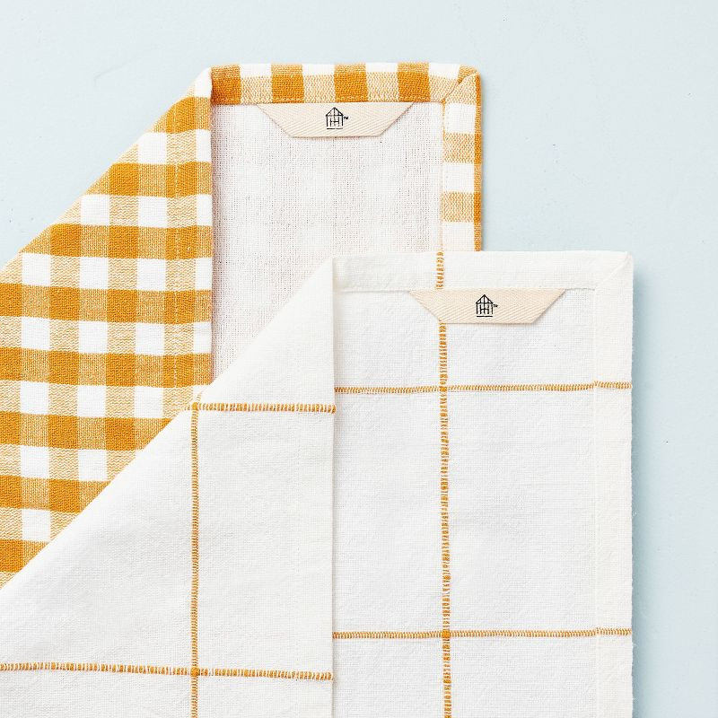 2ct Gingham & Stitched Grid Lines Kitchen Towel Set Gold/Cream - Hearth & Hand™ with Magnolia | Target
