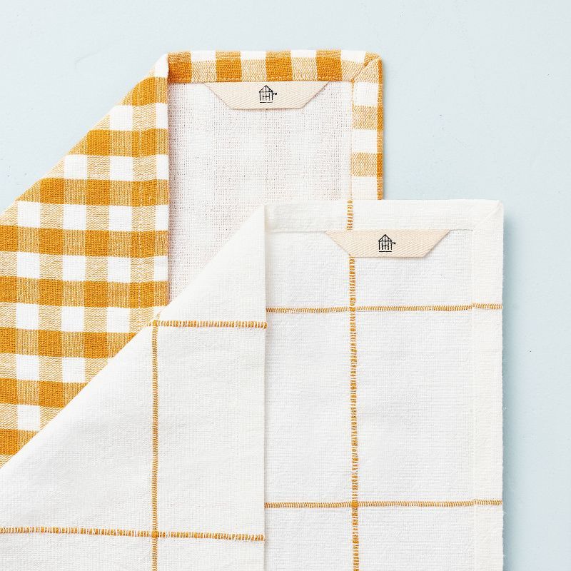 2ct Gingham & Stitched Grid Lines Kitchen Towel Set Gold/Cream - Hearth & Hand™ with Magnolia | Target