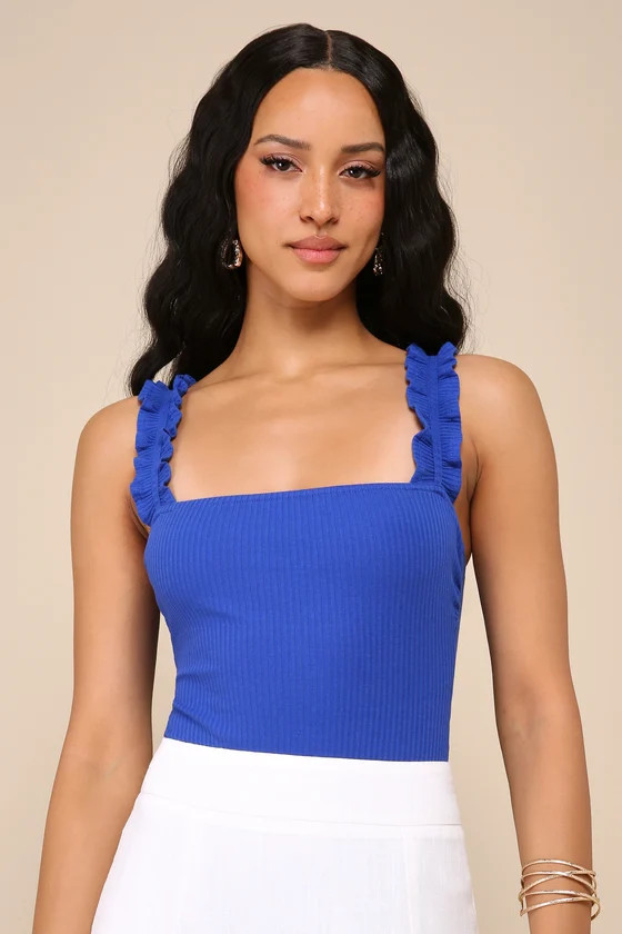 Musing About You Royal Blue Ribbed Ruffle Strap Bodysuit | Lulus
