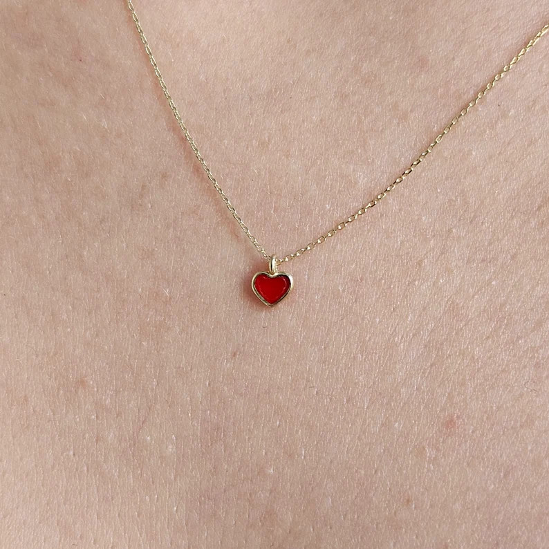 Red Enamel Heart Necklace, Minimalist Necklace, 14K Solid Gold Necklace, Tiny Heart Pendant, Vale... | Etsy (US)