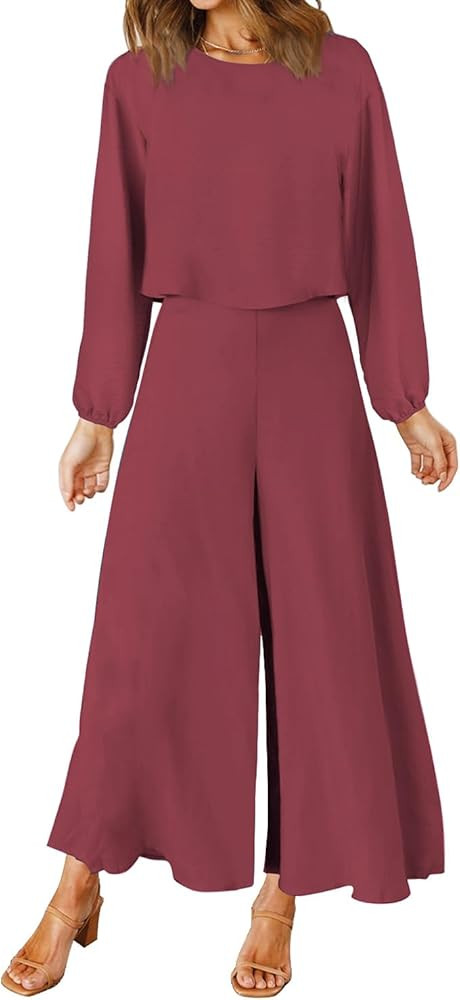 ROYLAMP Women's Summer 2 Piece Outfits Round Neck Crop Basic Top Cropped Wide Leg Pants Set Jumps... | Amazon (US)