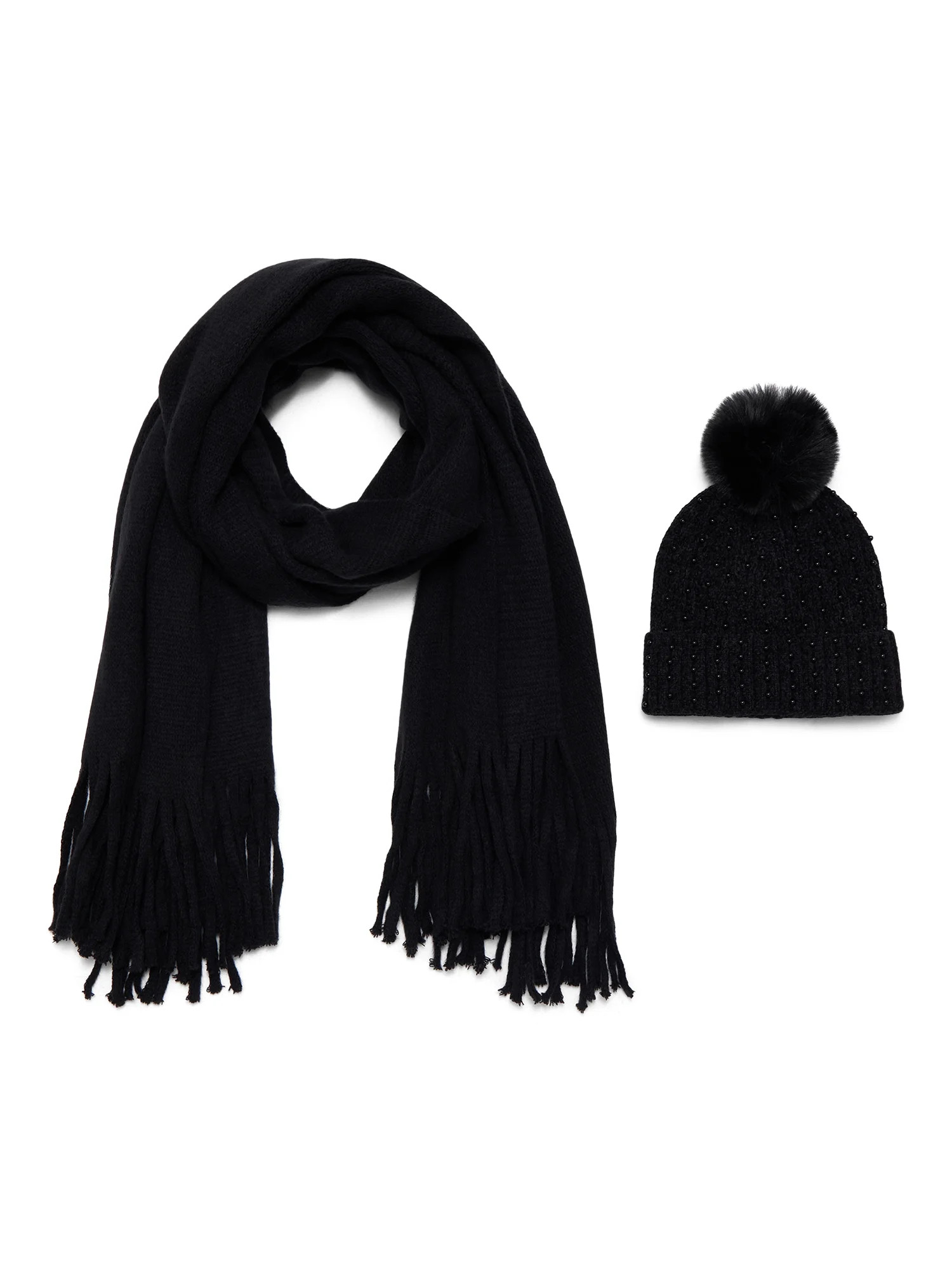 Madden NYC Women's Embellished Beanie Hat and Scarf Gift Set, 2-Piece, Black | Walmart (US)