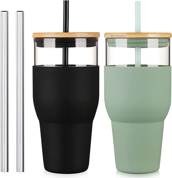 kytffu 32oz Glass Tumbler with Straw and Lid, Reusable Boba Smoothie Cup Iced Coffee Tumbler with... | Amazon (US)