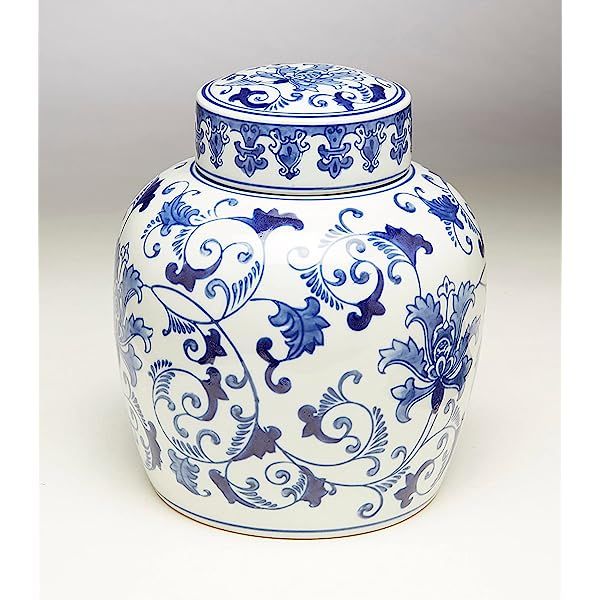 A&B Home 13" Blue & White Porcelain Vase Ceramic Flower Pattern Ginger Jar with Lid Home Decor | Amazon (US)