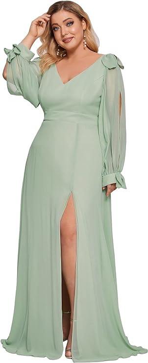 Ever-Pretty Elegant Plus Size Chiffon Long Sleeve Side Slit Formal Dress 80116 | Amazon (US)