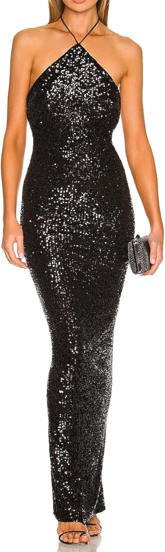 JLCNCUE Women Halter Neck Sequin Maxi Dress Open Back Treasure Evening Gown Back Hem Slit Bodycon... | Amazon (US)