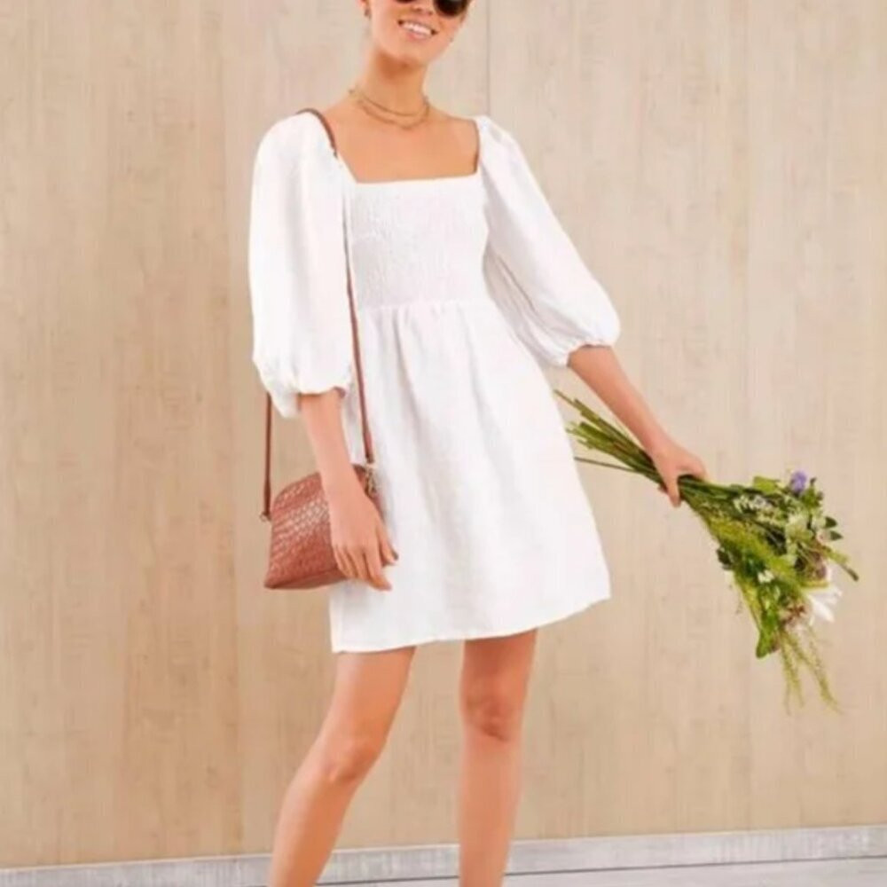 Tuckernuck Annie Dress Smocked Puff Sleeve Linen Short Square Neck White Small | Poshmark