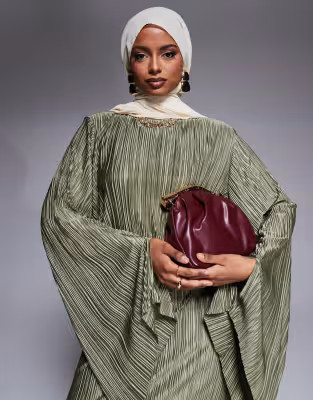 ASOS DESIGN long sleeve plisse maxi dress with cape sleeves in soft khaki | ASOS (Global)