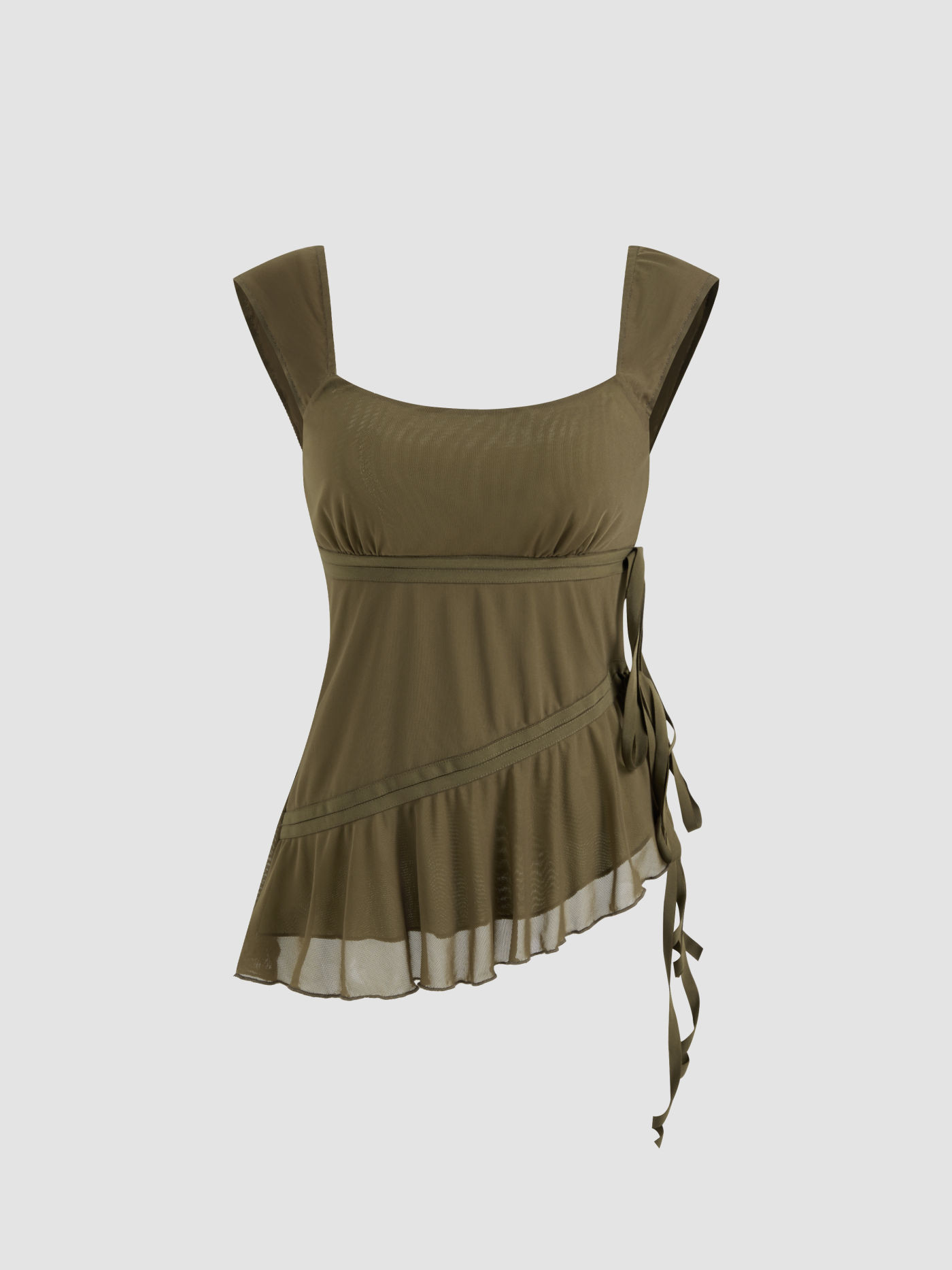 Cute Tops Mesh Mesh U-neckline Floral Asymmetrical Ruffle Trim Knotted Tank Top For Vacation | Cider