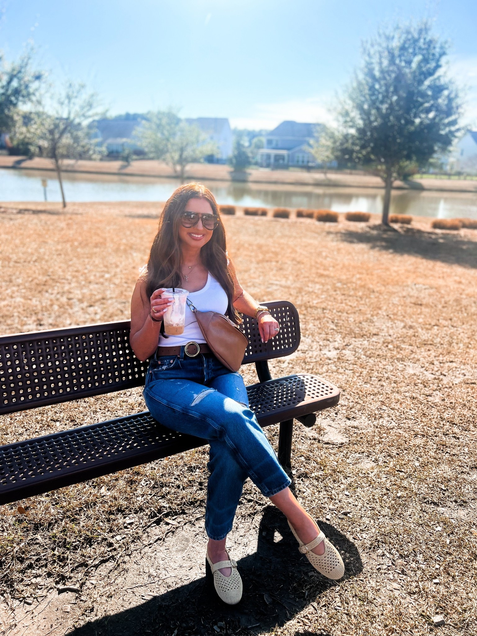 Cropped jeans TTS 
Tan brown belt bag 
Cream knit flats 