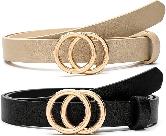 MORELESS 2 Pack Thin Belts for Women Jeans Dress Skinny Waist Belt with Gold Buckle | Amazon (US)