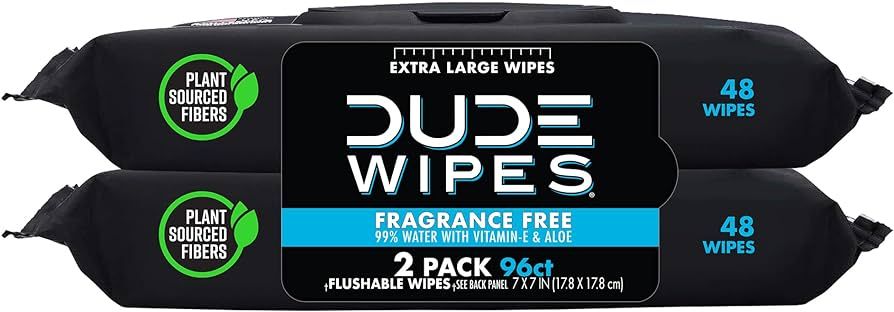 DUDE Wipes - Flushable Wipes - 2 Pack, 96 Wipes - Unscented Extra-Large Adult Wet Wipes | Amazon (US)