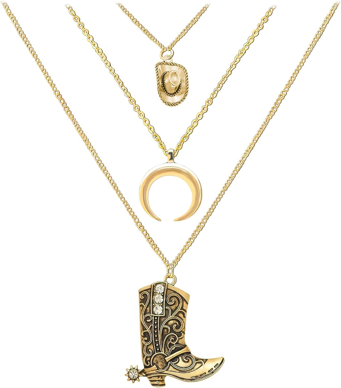 Layered Boho Western Cowgirl Necklace For Women Bull Head Moon Crescent Cowboy Boot Charm Pendant Western Necklace Jewelry For Country Concert Outfits | Amazon (US)