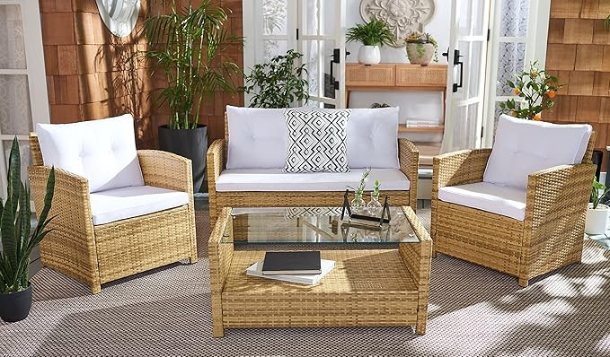 SAFAVIEH Outdoor Collection Vellor Natural/White Cushion 4-Piece Conversation Patio Set PAT7516D | Amazon (US)