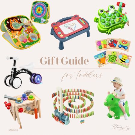 Get your shopping done early for your favorite toddler! This gift guide includes outdoor toss games, a drawing table, tool set, wooden puzzles, a domino train, bouncy dinosaur, balance bike, and a light up frog game. 

Toddler gift ideas, gifts for kids, gifts for baby, holiday gifts, Christmas 

#LTKGiftGuide #LTKHoliday #LTKfindsunder50