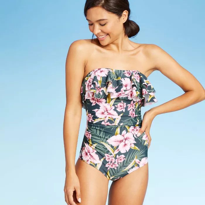 Women's Bandeau Flounce High Coverage One Piece Swimsuit - Kona Sol™ Floral | Target