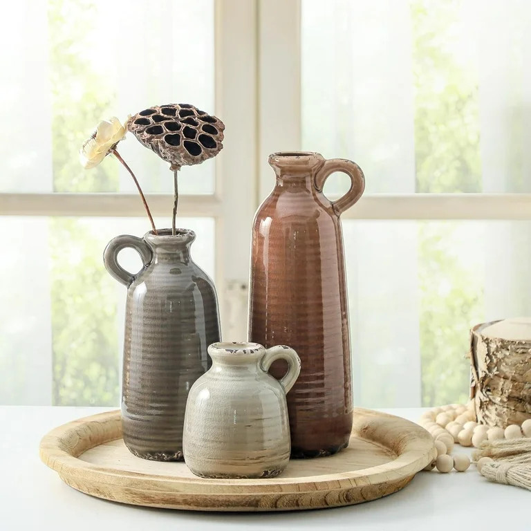 Ceramic Vase Set of 3 with Handle, Neutral Rustic Vases Home Decor Farmhouse Decorative Vase Whit... | Walmart (US)